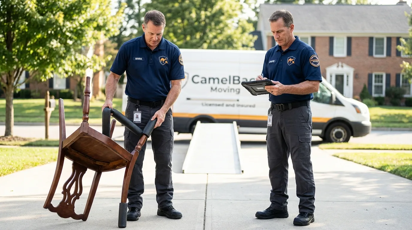 Movers inspecting furniture for damage prevention before loading in Double Springs, AL