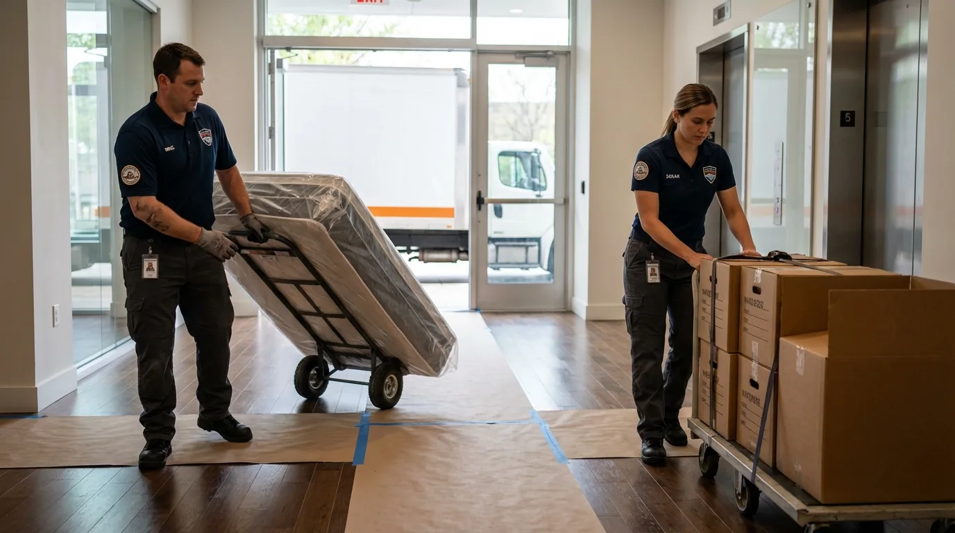 Professional apartment movers loading elevator in Double Springs, AL